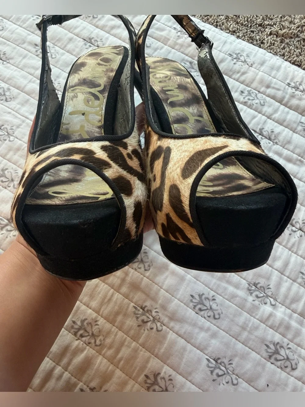 Sam Edelman Leopard Calf Hair Platform Slingback Heels Size 7 Peep Toe